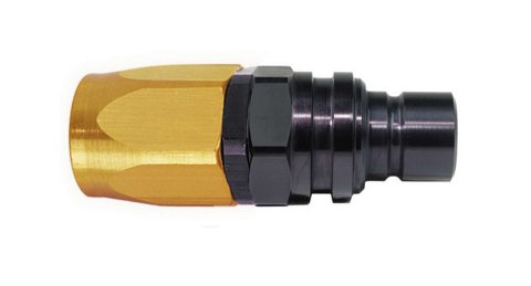 Quick Release Hose End - 3000 Series - Straight - 6 AN Hose to Quick Release Plug - Valved - FKM Seal - Aluminum - Black / Gold Anodized - Each