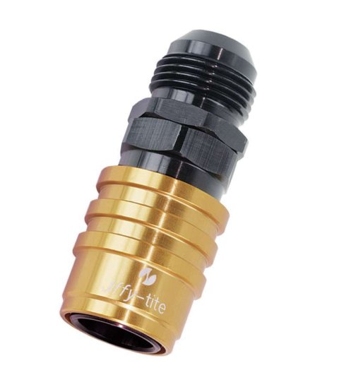 Quick Release Adapter - 5000 Series - Straight - 10 AN Male to Quick Release Socket - Valved - FKM Seal - Aluminum - Black / Gold Anodized - Each