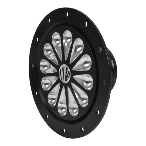 Fuel Filler Cap Assembly - Screw-On Cap - Flush Remote Mount - 12-Bolt Flange - 2-1/4 in Hose Barb - Star Pattern - Aluminum - Black Anodized / Machined - Kit