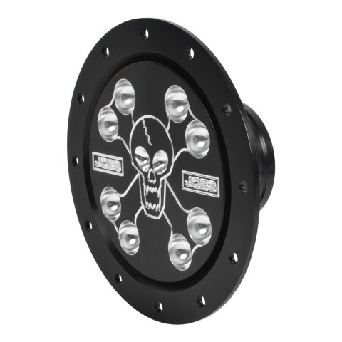 Fuel Filler Cap Assembly - Screw-On Cap - Flush Remote Mount - 12-Bolt Flange - 2-1/4 in Hose Barb - Scull / Bones Pattern - Aluminum - Black Anodized / Machined - Kit