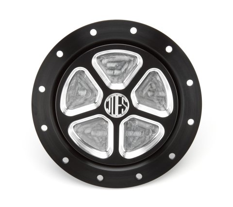Fuel Filler Cap Assembly - Screw-On Cap - Flush Remote Mount - 12-Bolt Flange - 2-1/4 in Hose Barb - 5 Pocket Pattern - Aluminum - Black Anodized / Natural - Kit