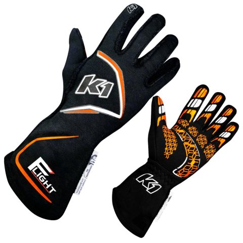 Driving Gloves - Flight - SFI 3.3/5 - Double Layer - Nomex - Elastic Cuff - Black / Fluorescent Orange - Small - Pair
