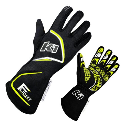 Driving Gloves - Flight - SFI 3.3/5 - FIA Approved - Double Layer - Nomex - Elastic Cuff - Black / Fluorescent Yellow - Small - Pair