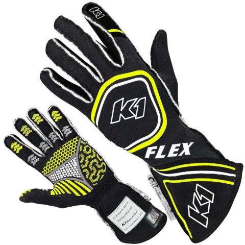 Driving Gloves - Flex - SFI 3.3/5 - FIA Approved - Double Layer - Nomex - Silicone Palm - Black / Yellow - X-Large - Each