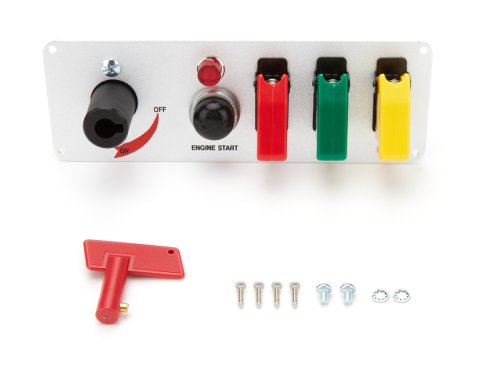 Switch Panel - Dash Mount - 8.5 x 2.5 in - 1 Momentary Button / 3 Toggles / 1 Rotary Switch - Indicator Lights - Silver - Each