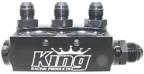 Fuel Block - 8 AN Male Port - 6 AN Female Port - Three 6 AN Male Ports - Aluminum - Black Anodized - Each