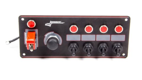 Switch Panel - Dash Mount - 8.625 x 3.625 in - 1 Safety Cover Toggle / 4 Toggle / 1 Momentary Button - Indicator Lights - Black Anodized - Each