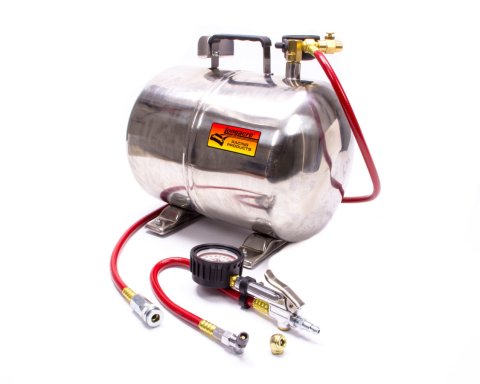 Compressed Air Tank - Portable - 5 gal - 14 in Diameter - 10 in Long - 4 ft Hose - 125 psi Max Pressure - 0-60 psi Tire Pressure - Polished - Each