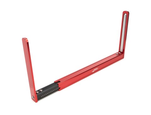 Stagger Gauge - Measures 62 in to 110 in - 1/8 in Increments - Square Tube Design - Roller - 3/8 in Thick Billet Arms - Aluminum - Red Anodized - Each
