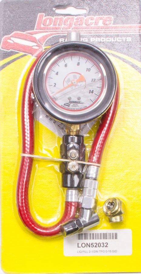 Tire Pressure Gauge - Deluxe - Glow in the Dark - 0-15 psi - Analog - 2-1/2 in Diameter - Liquid Filled - White Face - 1/4 lb Increments - Each