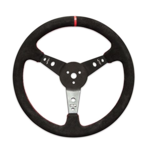Steering Wheel - 15 in Diameter - 2.5 in Dish - 3-Spoke - Black Suede Grip - Red Stripe - Aluminum - Black Anodized - Each