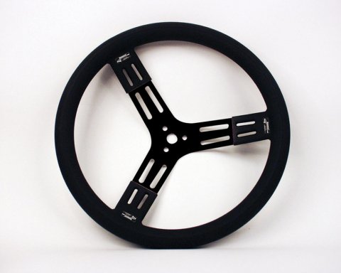 Steering Wheel - 15 in Diameter - 2.75 in Dish - 3-Spoke - Black Polyurethane Fat Grip - Aluminum - Black Anodized - Each
