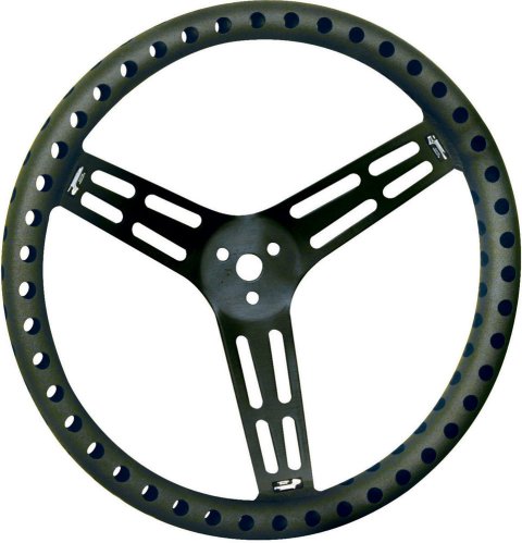 Steering Wheel - Lightweight - 15 in Diameter - 2.5 in Dish - 3-Spoke - Drilled / Shot Peened Grip - Aluminum - Black Anodized - Each