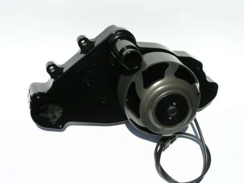 Water Pump - Electric - Street Style - 1-1/4 in Hose Barb Outlet - Gaskets / Hardware / Wiring - Aluminum - Black Anodized - GM LS-Series - Kit