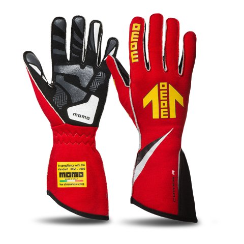 Driving Gloves - Corsa R - FIA 8856/2000 - Single Layer - Nomex / Silicone - Yellow Momo Arrow Logo - Red - Large - Pair