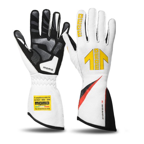 Driving Gloves - Corsa R - FIA 8856/2000 - Single Layer - Nomex / Silicone - Yellow Momo Arrow Logo - White - Large - Pair