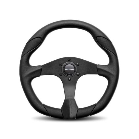 Steering Wheel - Quark - 350 mm Diameter - 40 mm Dish - 3-Spoke - Black Polyurethane / Black Leather Insert Grip - Aluminum - Black Anodized - Each