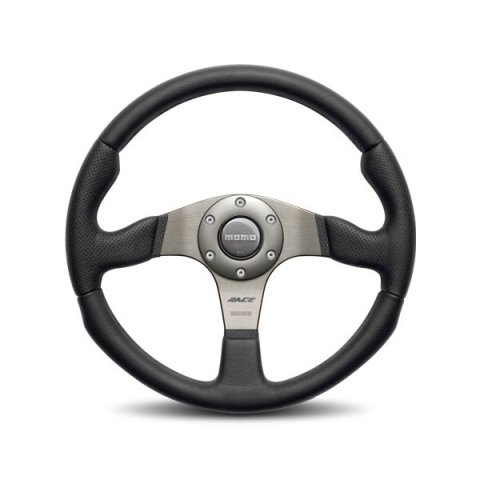 Steering Wheel - Race - 320 mm Diameter - 40 mm Dish - 3-Spoke - Black Leather Grip - Aluminum - Gray Anodized - Each