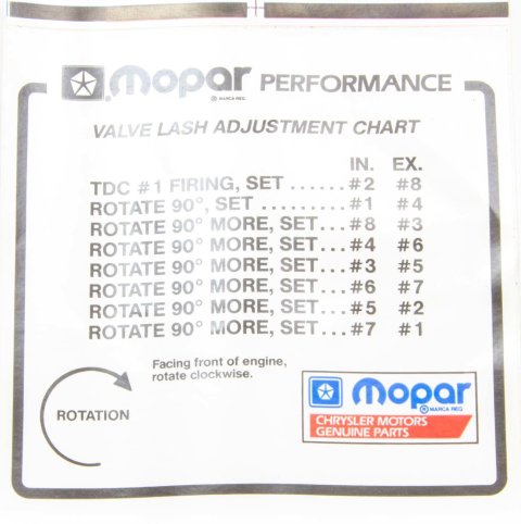 Information Sticker - Valve Lash Adjustment Chart - Mopar - Each