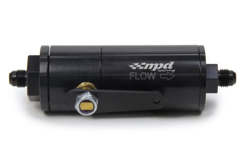 Fuel Filter - In-Line - 30 Micron - Stainless Element - 6 AN Male Inlet - 6 AN Male Outlet - Shut Off Valve - Aluminum - Black Anodized - Each