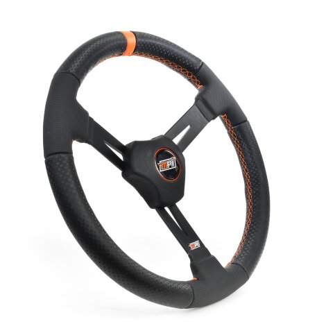 Steering Wheel - Dirt Circle Track - 15 in Diameter - 2.25 in Dish - 3-Spoke - Black Vinyl Grip - Orange Stripe - Aluminum - Black Anodized - Each