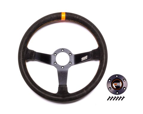 Steering Wheel - Drifting / Track Day / Rally Dirt / Off Road - 14 in Diameter - 2.36 in Dish - 3-Spoke - Black Suede Grip - Orange Stripe - Aluminum - Black Anodized - Each