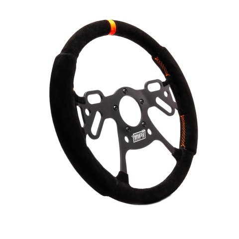 Steering Wheel - Drag Race - 12 in Diameter - Flat - 4-Spoke - Black Suede Grip - Orange Stripe - Aluminum - Black Anodized - Each