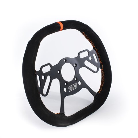 Steering Wheel - Drag Race - 13 in Diameter - Flat Top / Bottom - Flat - 4-Spoke - Black Suede Grip - Orange Stripe - Aluminum - Black Anodized - Each