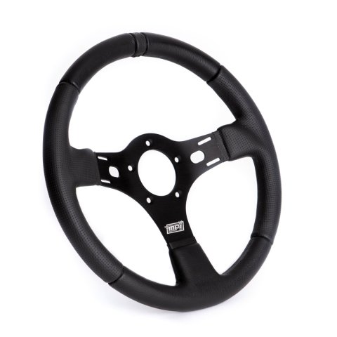 Steering Wheel - Drag Race - 13 in Diameter - 1.25 in Dish - 3-Spoke - Black Leather Grip - Black Stripe - Aluminum - Black Anodized - Each