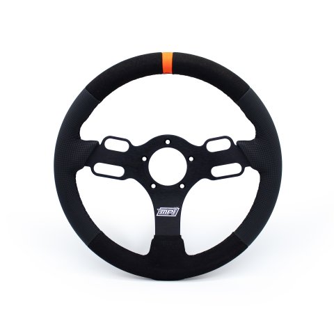 Steering Wheel - Drag Race - 13 in Diameter - 1.25 in Dish - 3-Spoke - Black Synthetic Grip - Orange Stripe - Aluminum - Black Anodized - Each
