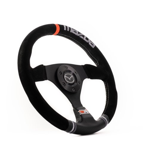 Steering Wheel - 12.75 in Diameter - 1.25 in Dish - 3-Spoke - Black Suede Grip - Orange Strip - Aluminum - Black Anodized - Each