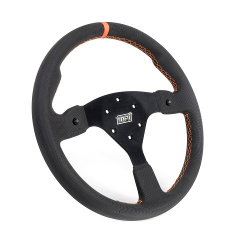 Steering Wheel - Off Road / SXS / Track Days / Tuning - 14 in Diameter - 1.25 in Dish - 3-Spoke - 2 Buttons - Black Suede Grip - Orange Stripe - Aluminum - Black Anodized - Each