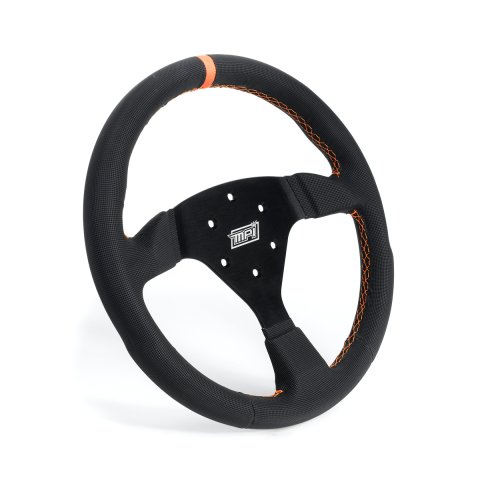 Steering Wheel - Touring Car / Formula / Off Road / SXS / Drifting / Track Days - 13 in Diameter - 1.25 in Dish - 3-Spoke - Black Synthetic Grip - Orange Stripe - Aluminum - Black Anodized - Each