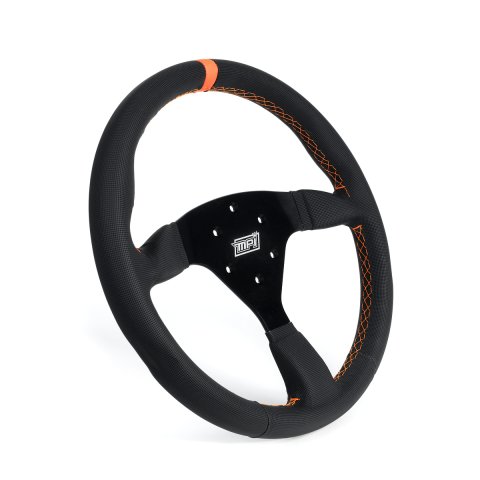 Steering Wheel - Touring Car / GT / Off Road / SXS / Drifting / Track Days - 14 in Diameter - 1.25 in Dish - 3-Spoke - Black Synthetic Grip - Orange Stripe - Aluminum - Black Anodized - Each