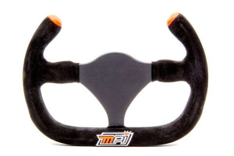 Steering Wheel - Road Course / Formula / Sports Car - 10.75 in Diameter - Cut Top - Flat - 3-Spoke - Black Suede Grip - MPI Logo - Aluminum - Black Anodized - Each