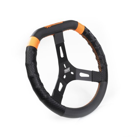 Steering Wheel - Dirt Karting - 13-3/4 in Diameter - 3-Spoke - 2 in Dish - Flat Top - Plastic Grip - Orange Stripe - Aluminum - Black - Each