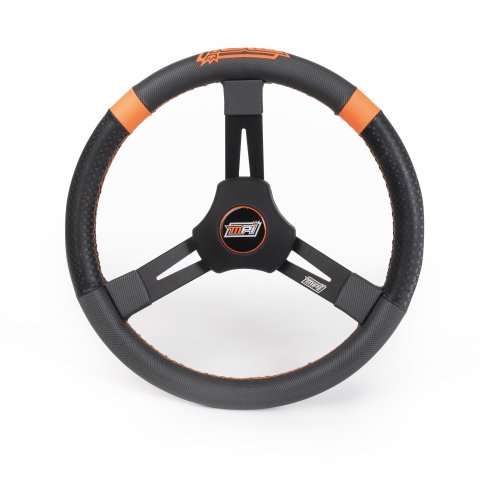 Steering Wheel - Dirt karting / Micro sprint / Mini outlaw - 15 in Diameter - 2.25 in Dish - 3-Spoke - Synthetic Grip - Orange Stripes - Aluminum - Bl