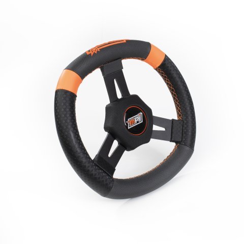 Steering Wheel - Quarter Midget - 10.75 in Diameter - Square - 1.25 in Dish - 3-Spoke - Synthetic Grip - Orange Stripes - Aluminum - Black Anodized - Each