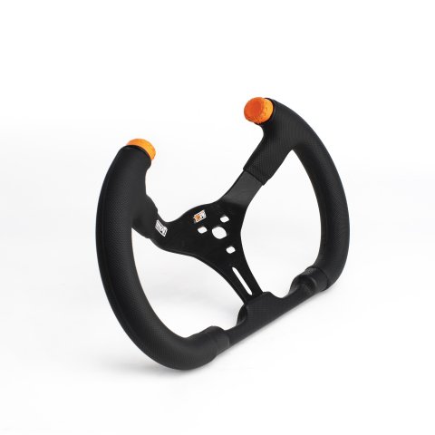 Steering Wheel - Dirt karting / Flat Go Kart - 13 in Diameter - 2.5 in Dish - 3-Spoke - Open Top - 15 Degree Tilt - Black Rubber Grip - Orange Stripes