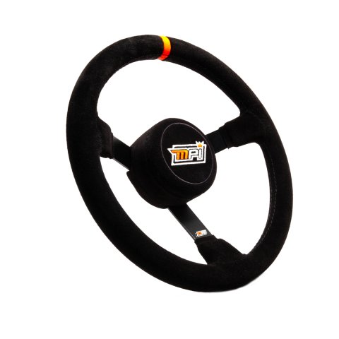 Steering Wheel - Stock Car - 13 in Diameter - 3 in Dish - 3-Spoke - Black Suede Grip - Orange Stripe - Steel - Black Powder Coat - Each