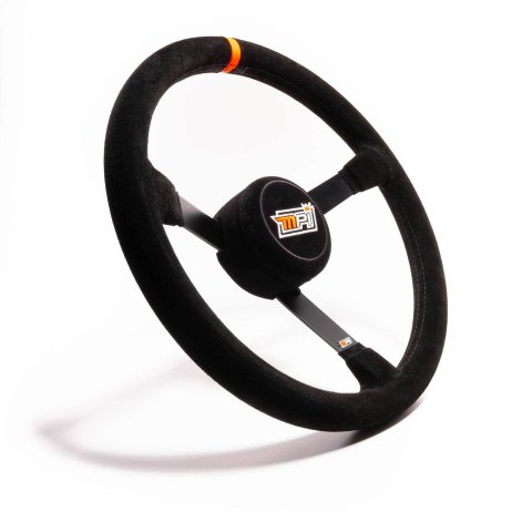 Steering Wheel - Lightweight - 14 in Diameter - 3 in Dish - 3-Spoke - Black Suede Grip - Orange Stripe - Steel - Black Powder Coat - Each