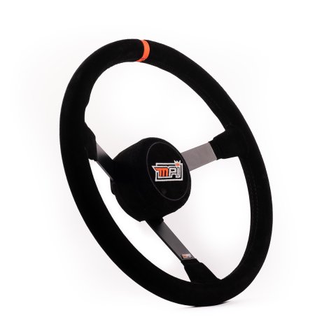 Steering Wheel - Lightweight - 16 in Diameter - 3.5 in Dish - 3-Spoke - Black Suede Grip - Orange Stripe - Thumb Insert - Steel - Black Powder Coat -