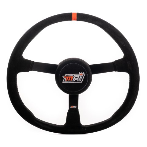 Steering Wheel - Asphalt Circle Track - 15 in Diameter - 3 in Dish - 3-Spoke - Black Suede Grip - Orange Stripe - Thumb Insert - Steel - Black Powder