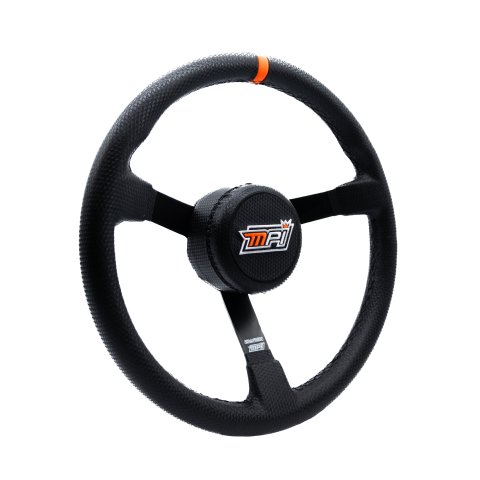 Steering Wheel - Sim Racing Stock Car - 14 in Diameter - 3.5 in Dish - 3-Spoke - Black Suede Grip - Orange Stripe - Aluminum - Black Anodized - Each