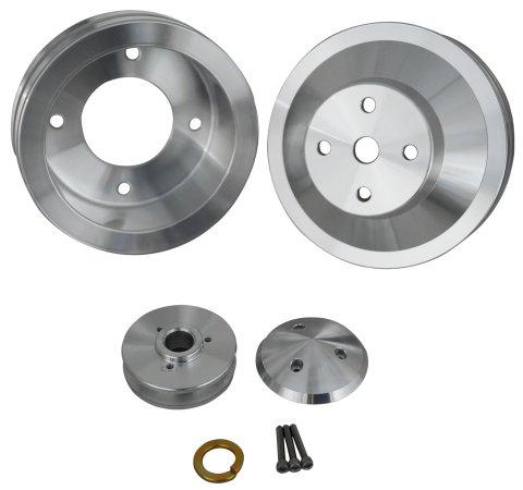 Pulley Kit - 2 Groove V-Belt - Aluminum - Clear Powder Coat - Pontiac V8 - Kit