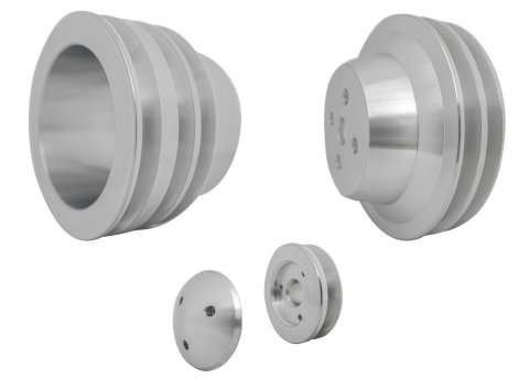 Pulley Kit - Performance Ratio - V-Belt - Alternator / Crankshaft / Water Pump - Clear Powder Coat - 3-Bolt Damper - Small Block Ford - Kit