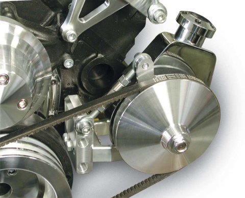 Power Steering Pump Bracket - Adjustable - Driver Side Mount - Aluminum - Clear Powder Coat - Canister Style Pump - Small Block Chevy - Kit