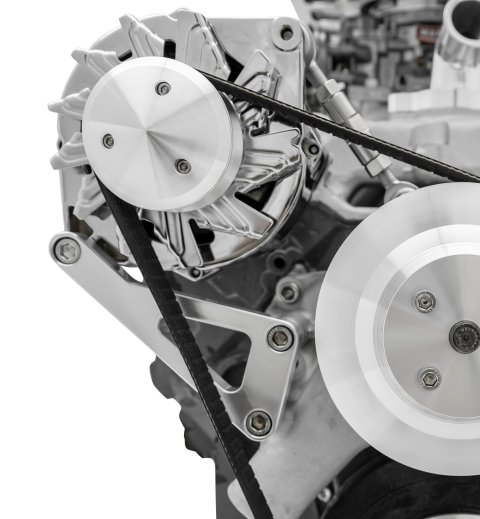 Alternator Bracket - Deluxe - Passenger Side - High Mount - Water Pump Mount - Aluminum - Clear Powder Coat - Long Water Pump - GM 10SI Alternators - Small Block Chevy - Kit
