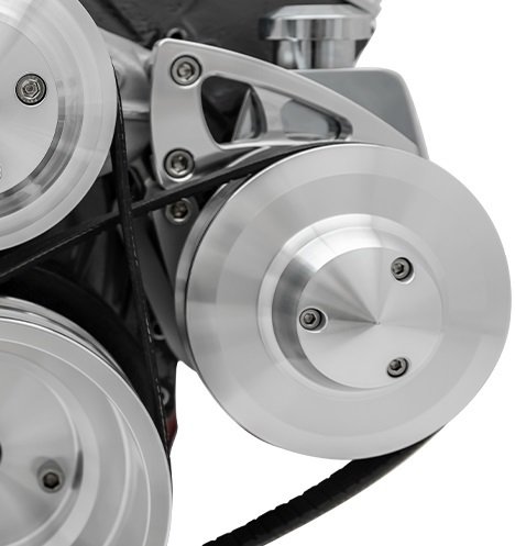 Power Steering Pump Bracket - Ultra - Driver Side Mount - Aluminum - Clear Powder Coat - Saginaw Style Pump - Long Water Pump - Small Block Chevy - Kit