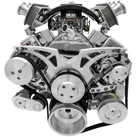 Pulley Kit - Track Style - 6-Rib Serpentine - Aluminum - Clear Powder Coat - Short Water Pump - Big Block Chevy - Kit